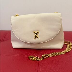 Vtg Paloma Picasso Cream Leather Shoulder Bag with Gold Chain